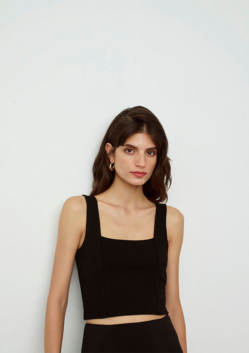 Kare Yaka Siyah Crop Top - Mavi фото 4