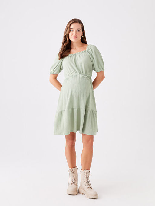 U Yaka D?z K?sa Kollu Hamile Elbise