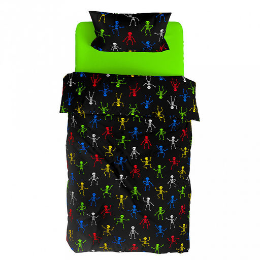 Постельное белье, комплект 1,5 спальный "Вы узнали - Я скелет"/"Салатовый", 3 предмета: пододеяльник 145х215см, простыня 150х215см, наволочка 50х70см с клапаном-запахом, перкаль 110г/м2, хлопок 100%, упаковка "классическая" 32х41х2,5см, "Домашняя мод