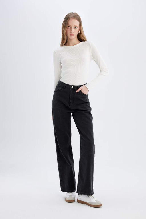 Женская приталенная узкая футболка с круглым вырезом в рубчик, базовая простая футболка с длинными рукавами - Defacto фото 2