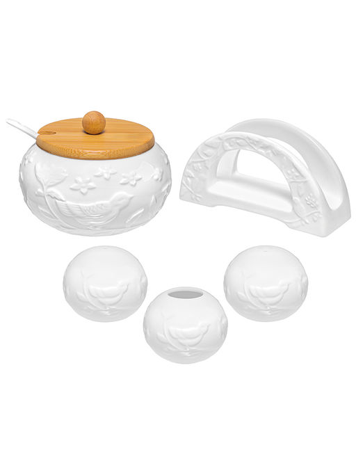 Набор 5 пр. 20,5*19,5*9,5 см "Птички на ветке"- Сахарн+Вазочка п/зуб.+набор д/спец. 2 пр, салфетниц