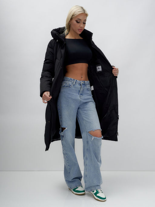 Пальто утепленное стеганное зимнее с капюшоном женское черного цвета 9639Ch - Mtforce фото 16