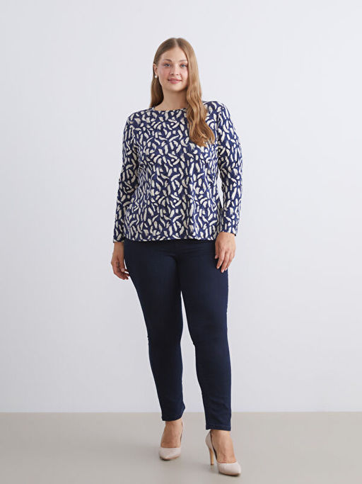 B?y?k Beden Bisiklet Yaka Desenli Bluz