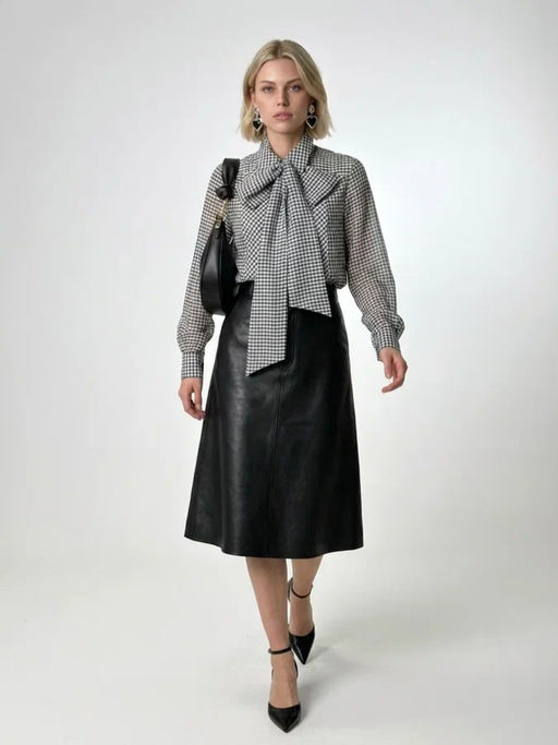 Блузка из органзы в клетку OD-984-2 коричневый с белым