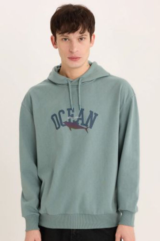 Boxy Fit Kapusonlu Bask?l? Sweatshirt