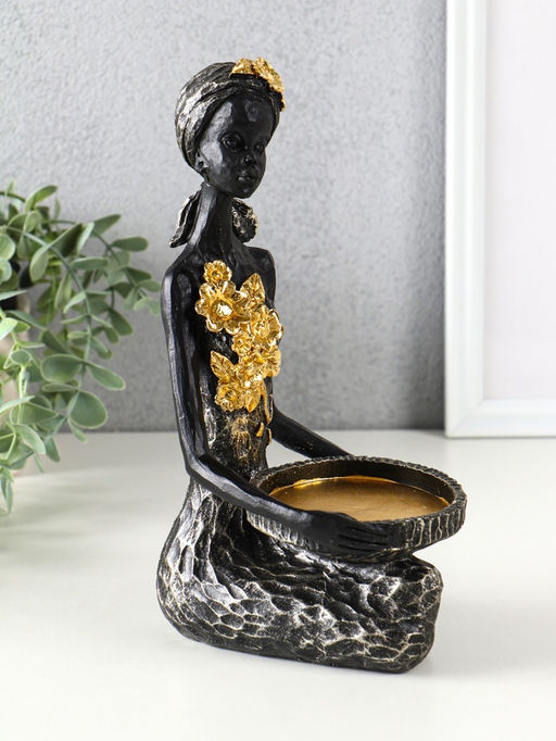 Фигура - подсвечник на 1 свечу «Африканка в косынке с цветами», полистоун, чёрный, d=8 см, 14×11.5×24.5 см