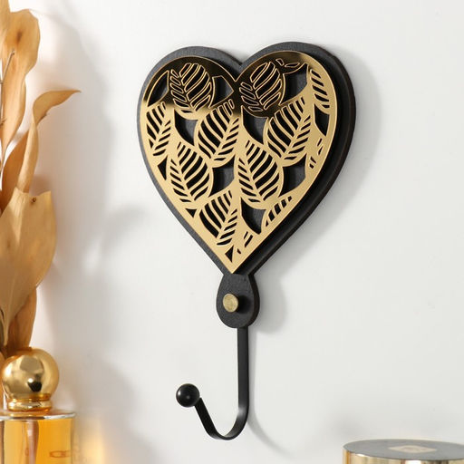 Настенный крючок декоративный Сердце с листьями, ключница, дерево, чёрный, зеркальный 4.3?12.4?19 см