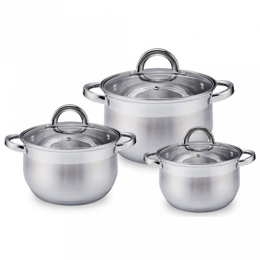 Набор кастрюль из нержавеющей стали "Bella" 3 штуки: 2,1л, 2,9л, 4л, s0,4см, дно s2,8см, стеклянная крышка, многослойное термоаккумулирующее дно, зеркальное внутреннее покрытие, внешнее покрытие матовое, цветная коробка, "Appetite" (Китай)