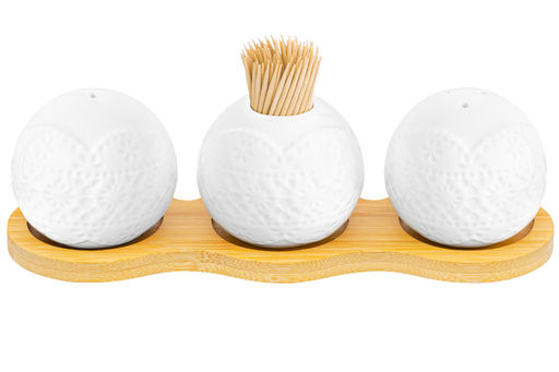 Вазочка под зубочистки + набор для специй 2 пр. 19,5*7*6 см 75 мл "Кружево" на деревянной подставке