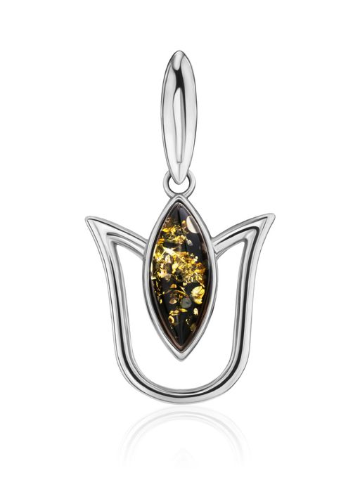 Миниатюрный кулон с зелёным янтарём Тюльпан