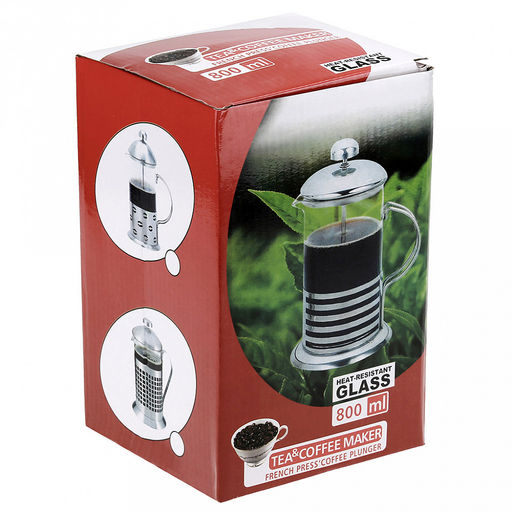 Френч-пресс корпус из нержавеющей стали "Полоски" 800мл, д9,6см h20,5см, стеклянная колба, в подарочной коробке (Китай)