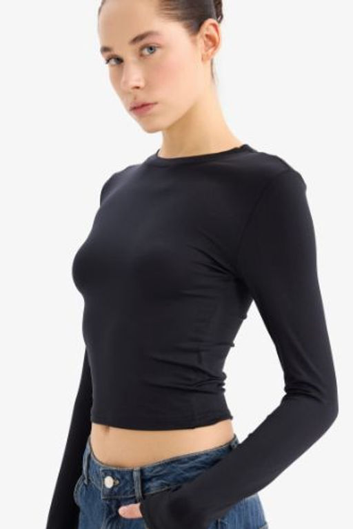 Fitted Vucuda Oturan Bisiklet Yaka Basic Duz Uzun Kollu Tisort