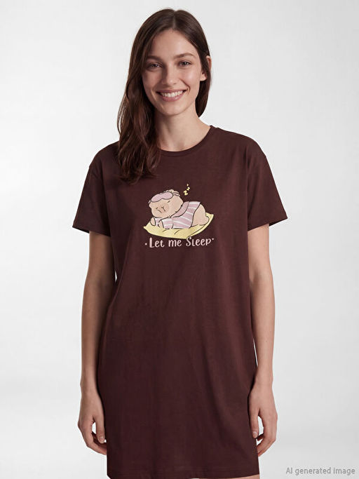 Bisiklet Yaka Bask?l? Kad?n Gecelik