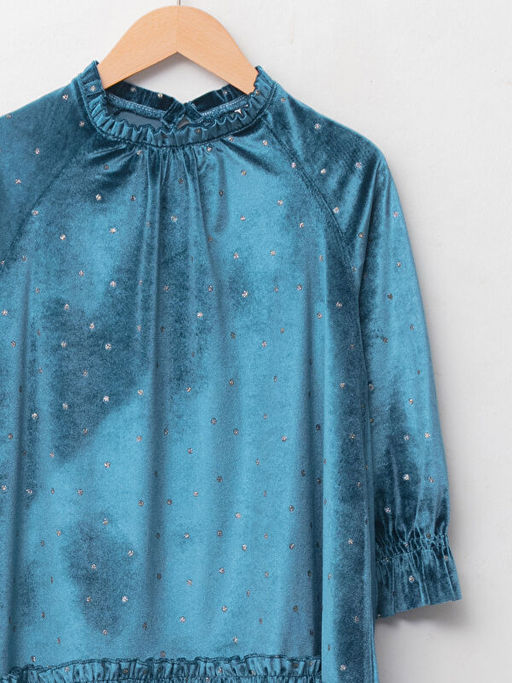 Dik Yaka Bask?l? Uzun Kollu Kadife K?z ?ocuk Elbise - Waikiki фото 3