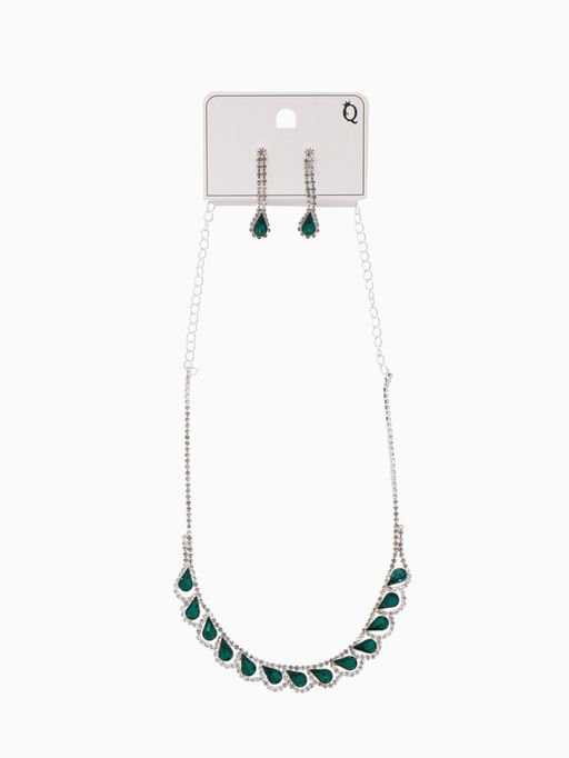 Набор 2 предмета: серьги, колье Листопад капли, цвет зелёно-белый в серебре, 45 см