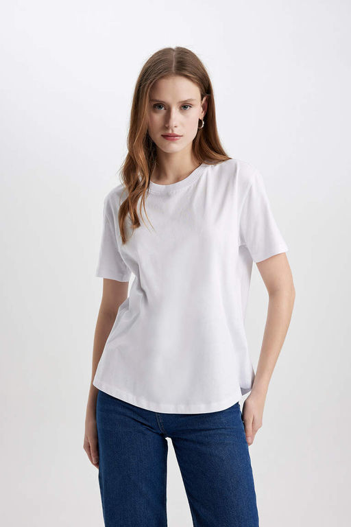 Базовая футболка из чесаного хлопка с короткими рукавами и круглым вырезом стандартного кроя - Defacto фото 4