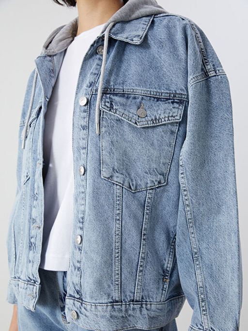 Kap??onlu Oversize Kad?n Jean Ceket