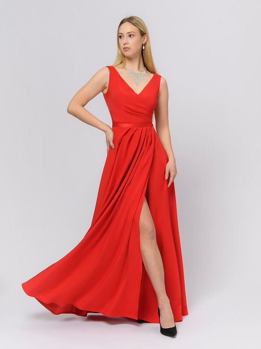 Платье красного цвета длины макси с разрезом на юбке - 1001dress фото 2