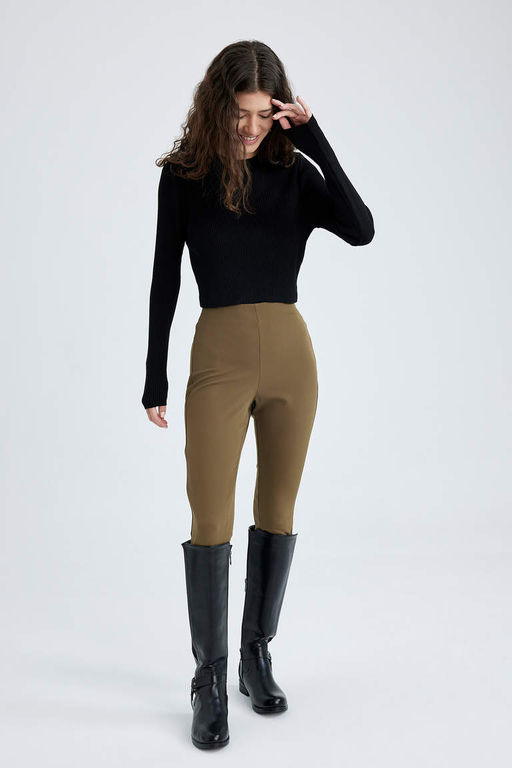 Короткие длинные брюки скинни на молнии с высокой талией - Defacto фото 4