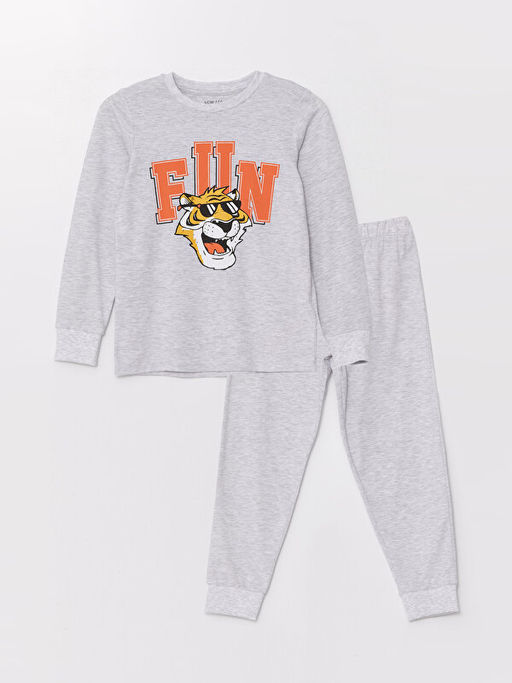 Bisiklet Yaka Bask?l? Uzun Kollu Erkek ?ocuk Pijama Tak?m?