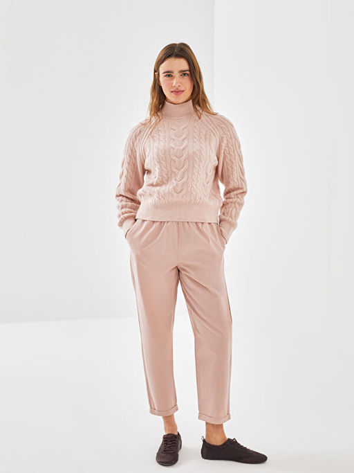 Yar?m Bal?k?? Yaka Kendinden Desenli Kad?n Triko Kazak