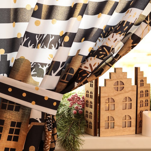 Комплект штор для кухни с подхватами «Этель. Золотой город, 2 шт., белые, чёрные, 145×180 см