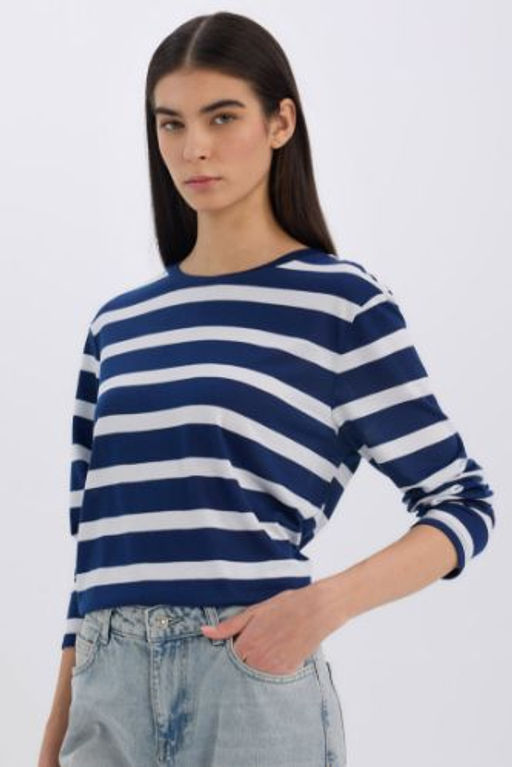 Regular Fit Bisiklet Yaka Cizgili Casual Uzun Kollu Tisort