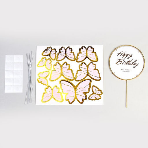 Топперы для торта «С днём рождения», бабочки, розовый