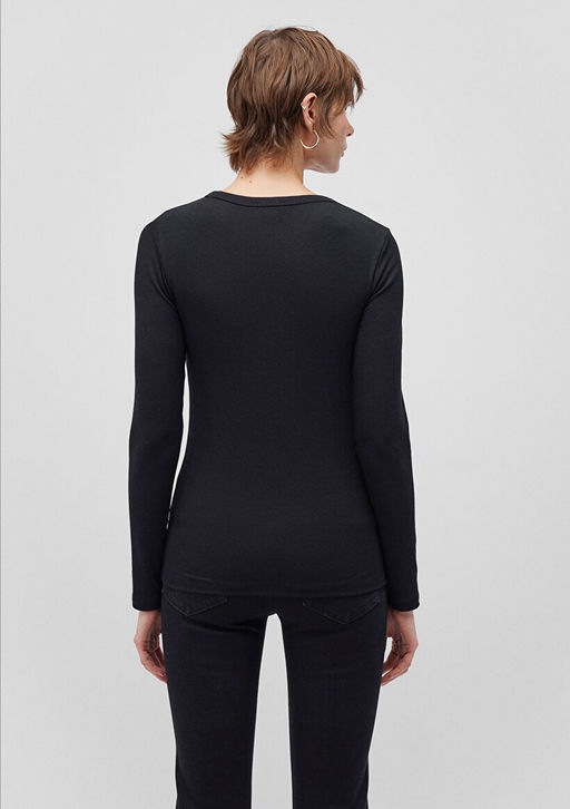 Uzun Kollu Siyah Basic Tisort - Mavi фото 5