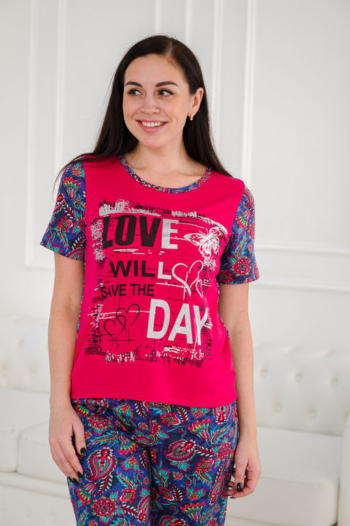 Пижама женская домашний интерлок из футболки и бридж LOVE ночной сад