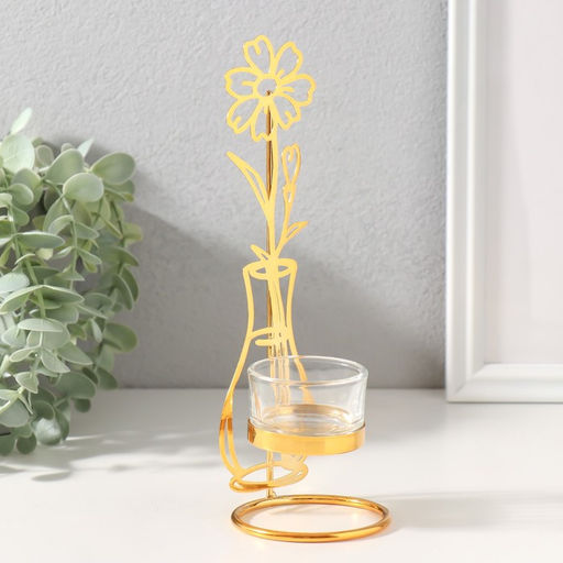 Подсвечник на 1 свечу металл, стекло «Цветок в вазе», золото, d=4.5 см, 7.4×7.5×21 см