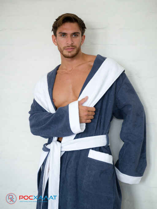 Мужской махровый халат с капюшоном с белой отделкой серый+белый МЗ-05-1 (84) - Росхалат фото 16