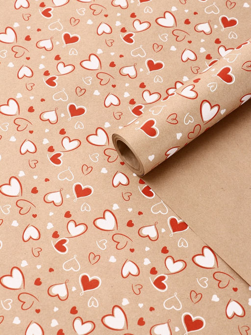 Бумага упаковочная крафт Сердечки 2 красный/белый цвет на коричневом фоне 0.72?105% м, 60 г
