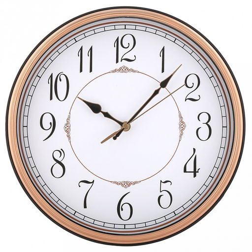 Часы настенные Гран-маркиз д31-33см, h5,4см, мягкий ход, циферблат белый; цифры арабские, черный; корпус пластик, черный; полоски медного цвета, в коробке (Китай)