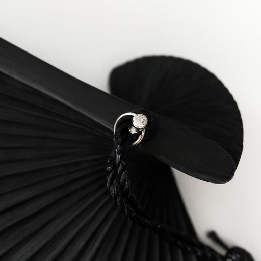 Веер складной h=21 см Бабочки в траве, бамбук, текстиль, чёрно-белый, с кисточкой