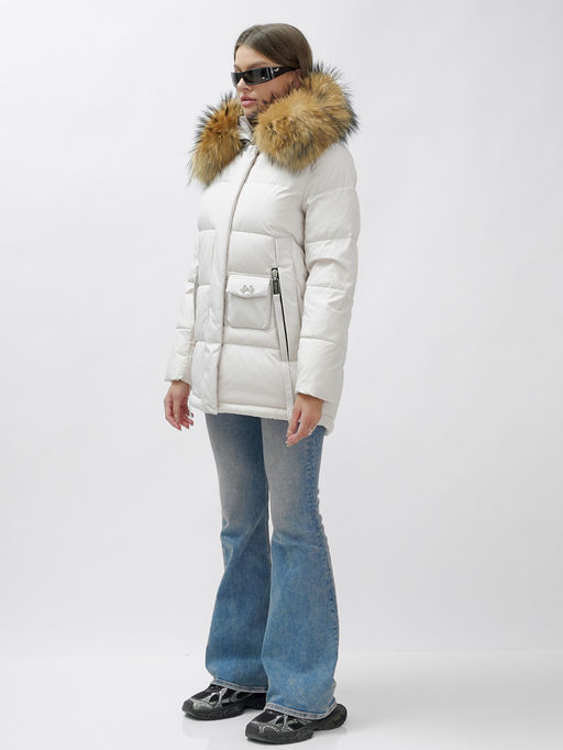 Куртка зимняя Visdeer 3215SB женская светло-бежевая с мехом енота утеплитель 220 г/м²  фото 3