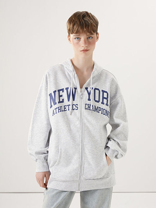 Kap??onlu Bask?l? Oversize Kad?n Kal?n Fermuarl? Sweatshirt