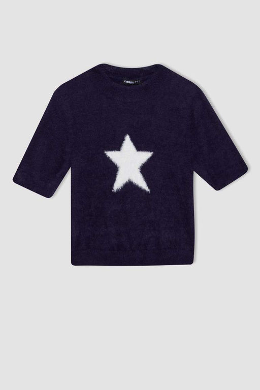 Плюшевый свитер с короткими рукавами и короткими рукавами с круглым вырезом и принтом звезд - Defacto фото 6