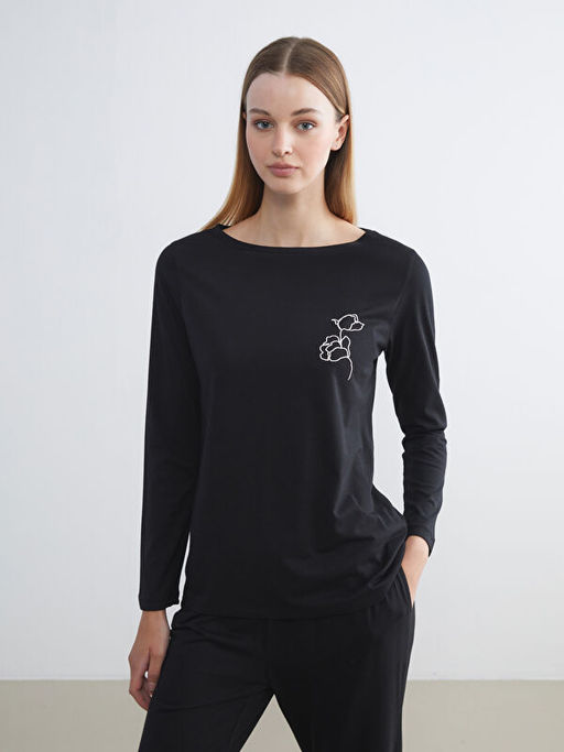 Bisiklet Yaka ?i?ekli Kad?n Pijama Tak?m?