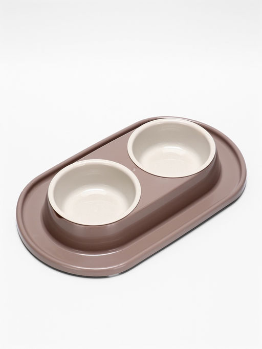 Миска двойная для животных «Мур-мяу», 300 мл, на подставке, пластик, бежевая