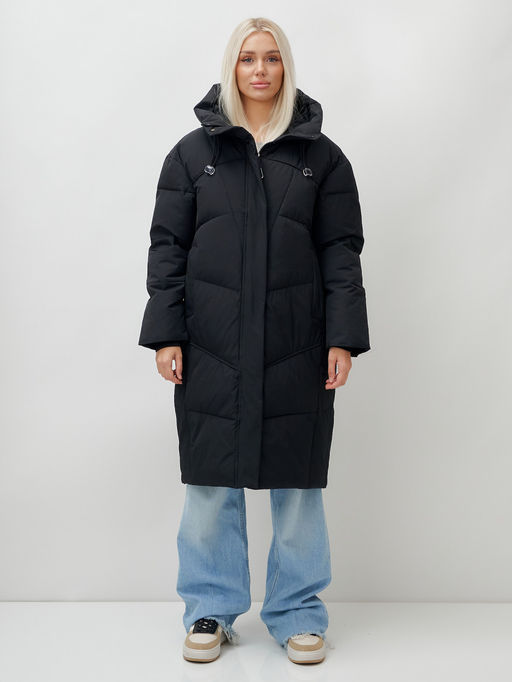 Пальто летучая мышь женское с капюшоном зимнее черного цвета 9616Ch - Mtforce фото 2