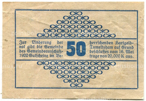 Банкнота 50 геллеров 1920 года Австрия  Тумельсхат (нотгельд)