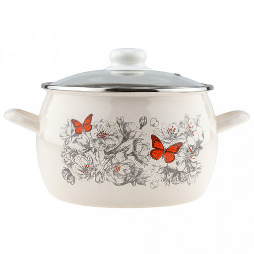 "Яблоневый цвет" Кастрюля эмалированная 5,0л, форма полусфера, стеклянная крышка, нержавеющий ободок (Россия)