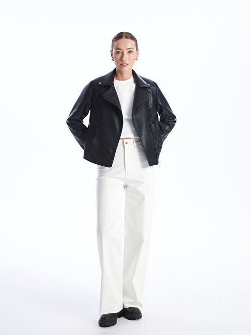 Kad?n Biker Yaka D?z Deri G?r?n?ml? Mont