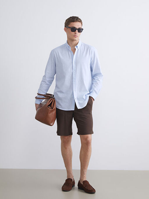 Regular Fit Uzun Kollu Keten Kar???ml? Erkek G?mlek