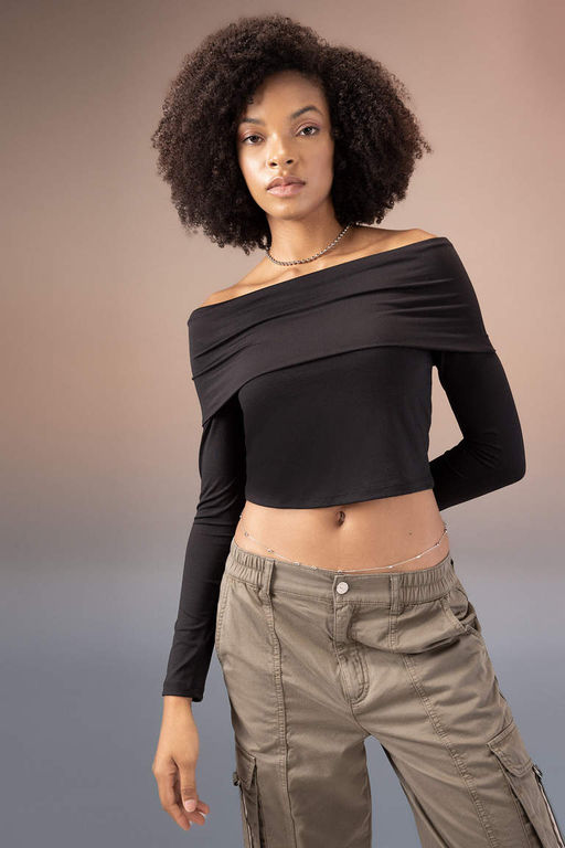 Приталенная футболка с открытыми плечами и длинными рукавами - Defacto фото 3