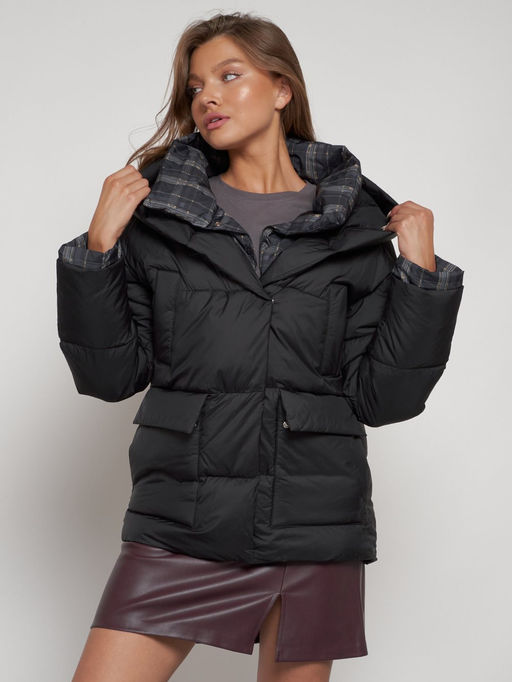 Зимняя женская куртка модная с капюшоном черного цвета 133105Ch