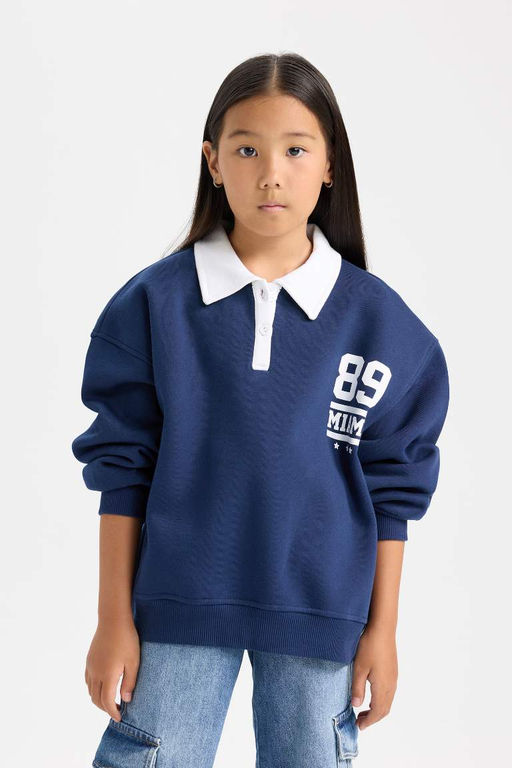 Толстая толстая толстая толстовка на мягкой подкладке с принтом и широким вырезом поло для девочек оверсайз - Defacto фото 3