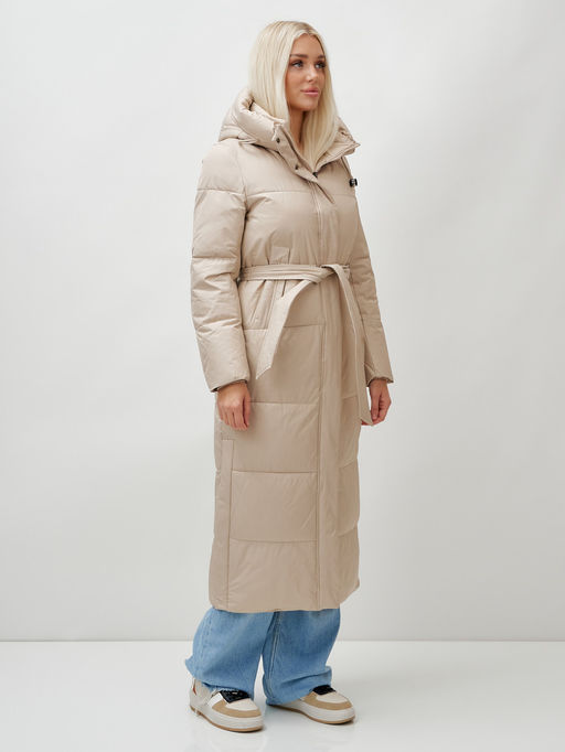 Пальто утепленное стеганное зимнее с капюшоном женское бежевого цвета 9605B - Mtforce фото 11