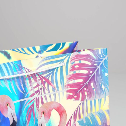 Пакет подарочный голографический, упаковка, Фламинго, 32?26?12 см